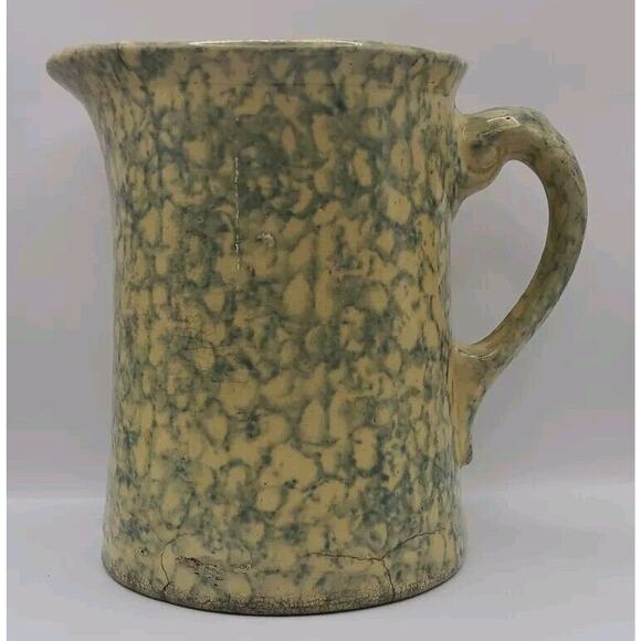 Antique‎ Large Yellow Ware Spongeware Stoneware Pitcher Pottery Primitive Rustic - Picture 1 of 10